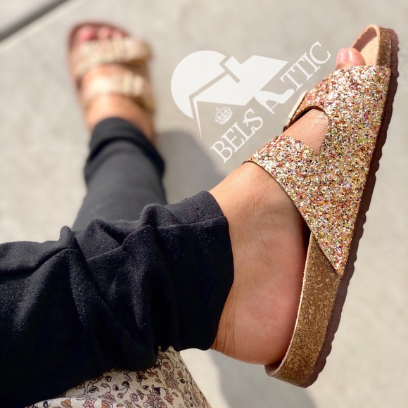 Gold Glittered Double Strap Sandal Slides - Picture 3 of 6